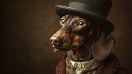 Dachshund wearing Victorian waistcoat and bowler hat with serious expression  