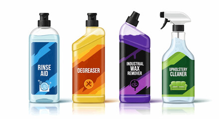 Four bottles of cleaning products labeled rinse aid degreaser wax remover and upholstery cleaner