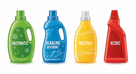 Illustration of four colorful detergent bottles labeled enzymatic alkaline neutral and acidic types