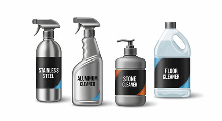 Four cleaning product bottles including stainless steel aluminum stone and floor cleaners are displayed