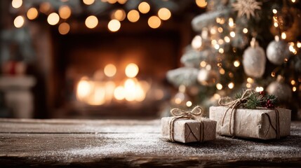 Cozy christmas eve scene with decorated tree glowing fireplace and wrapped gifts on a wooden table