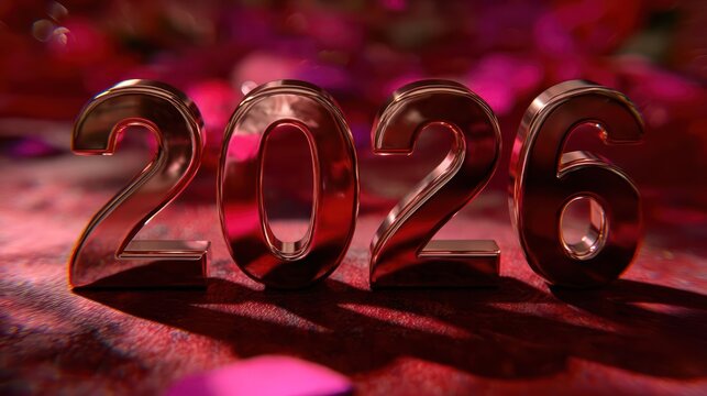 Shiny metallic 2026 numbers gleaming with red and pink bokeh lights in a festive celebration background