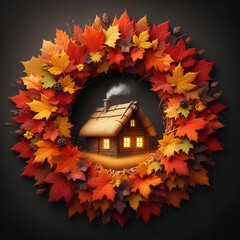 Wreath of autumn leaves with cozy cottage inside, no background