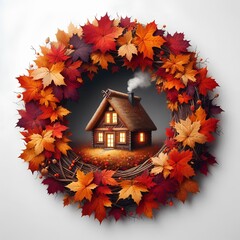 Wreath of autumn leaves with cozy cottage inside, no background