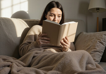 Young Woman Reading Book On Comfortable Sofa