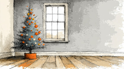 Line Drawing Illustration of a Christmas Tree in subtle colours ~ Created using Generative AI