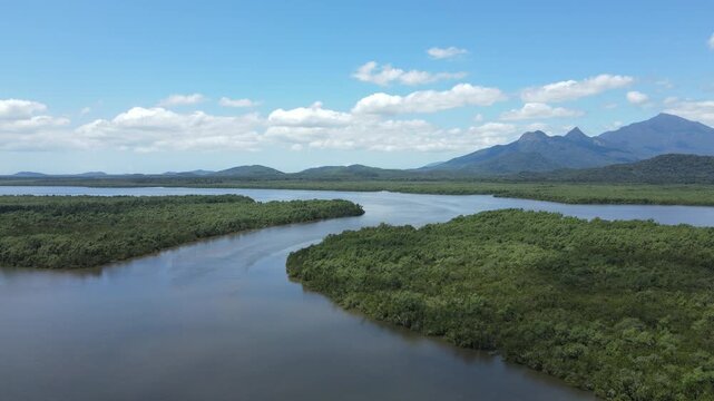 Voo sobre rio em mangue no litoral do Paran&aacute; em Paranagu&aacute; em Alexandra na mata atl&acirc;ntica desaguando no mar
