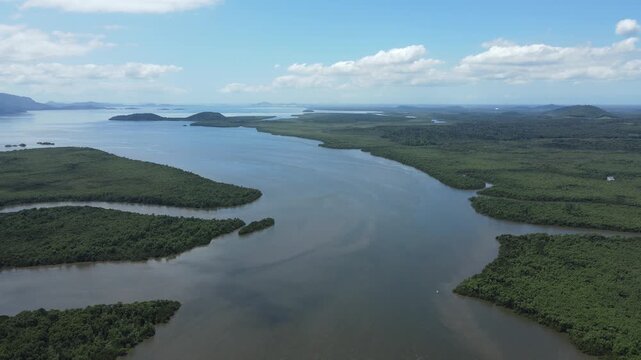Voo sobre rio em mangue no litoral do Paran&aacute; em Paranagu&aacute; em Alexandra na mata atl&acirc;ntica desaguando no mar