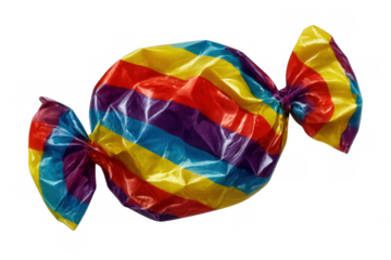 Rainbow striped candy wrapper, colorful sweet treat, bright confectionery snack on transparent background