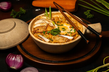 Spicy Ramen Bowl with Chicken, Egg, and Vegetables – Asian Food Photography