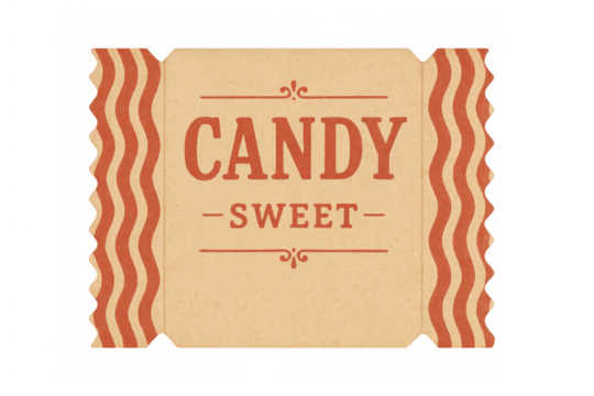 Vintage candy sweet label design representing retro food brand packaging with wavy border and typography on transparent background