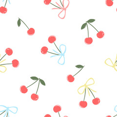 Seamless pattern with cherry and bow on a white background. Vector illustration for printing. Cute baby background.