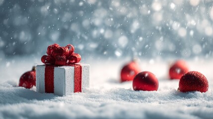 Christmas gift with Christmas balls on snow