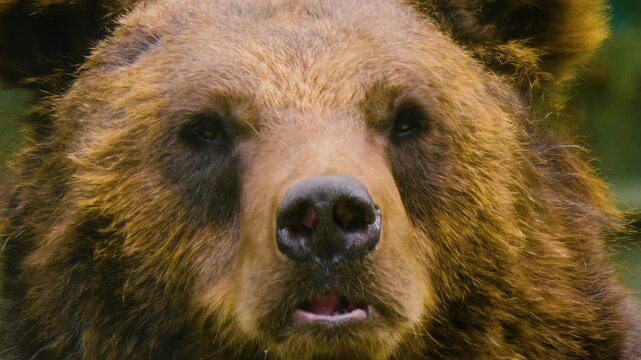 Close up of a brown bear resting his head on a rock and moving and wiggling his nose on a sunny spring day
