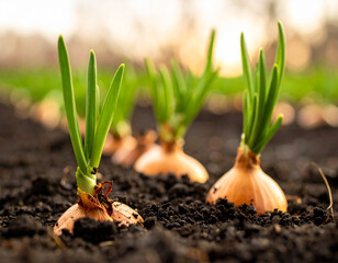 Fototapeta premium Young Onion Sprouts Emerging from Rich Dark Soil, Capturing Early Spring Growth.