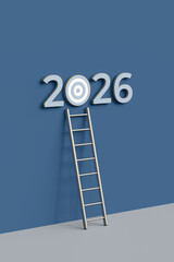Ladder leaning against the blue wall with calendar number 2026 and target icon. Concept of success, growth and achievement of goals in the new year 2026. 3d illustration, vertical orientation.