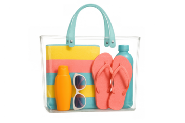 Striped beach bag with flip-flops, sunglasses, and sunscreen, summer vacation essentials on transparent background