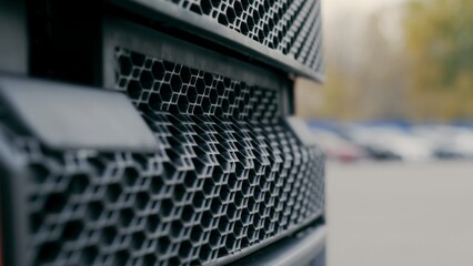 Close-up view of cargo truck radiator grille. Beautiful pattern of modern radiator grille