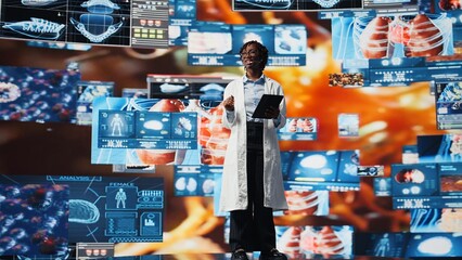 Smiling scientist speaking in mic, doing presentation on genomes, comparing diseases. Happy biomedical expert talks about pathogens and antiviral strategies during medical conference, camera A