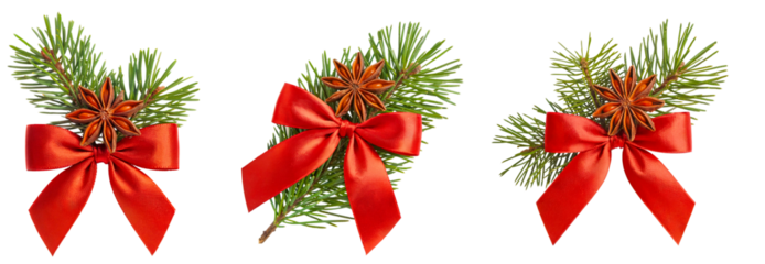 Christmas pine branch decoration with red satin bow and star anise, festive winter ornament isolated on transparent background for holiday gift wrapping, greeting, or seasonal design use