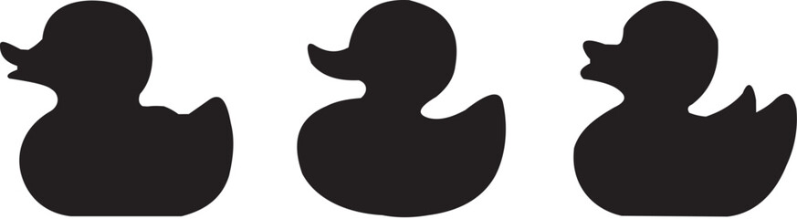 Black silhouette of rubber duck in side view, isolated on white background, graphic illustration. concept of bath toy, cute duckling, minimalistic icon, logo, design element.
