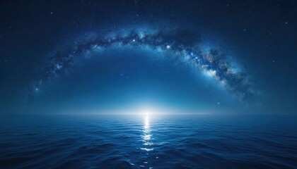 Night sky over ocean with Milky Way. Stars reflect in water. Calm, serene, tranquil scene, nature. Dark blue cosmic landscape, astronomy, celestial bodies. Beautiful scenic moment, travel concept.