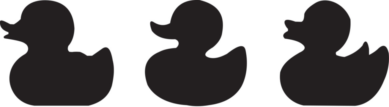 Black silhouette of rubber duck in side view, isolated on white background, graphic illustration. concept of bath toy, cute duckling, minimalistic icon, logo, design element.
