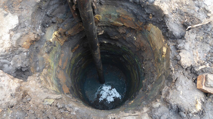 Fototapeta premium Pozo profundo excavado manualmente con agua en el fondo y estratos visibles de tierra y roca. Ideal para estudios geotécnicos, captación de agua subterránea o análisis de composición del terreno.