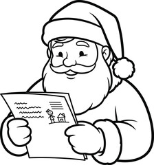 Whimsical black and white illustration of santa claus reading a letter with a cheerful expression