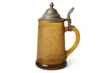 German vintage beer stein with ornate designs and pewter lid, celebrating oktoberfest traditions