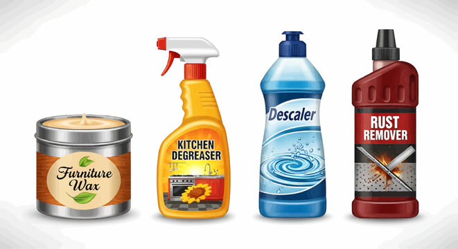 Assorted cleaning products including furniture wax kitchen degreaser descaler and rust remover displayed