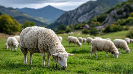 Sheep grazing in lush green mountain landscape on a cloudy day