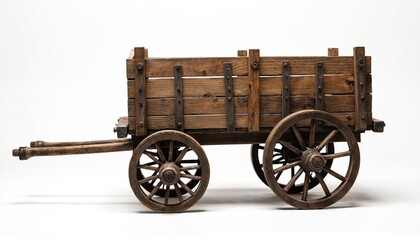 Fototapeta premium Rustic wooden cart on white background. Vintage cartwheel details. Antique, traditional transportation. Ideal for farm, countryside themes, old-fashioned, rural, decor. Workshop, handmade, classic.