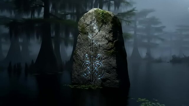 Mysterious Ancient Rune Stone in a Foggy Forest Swamp.