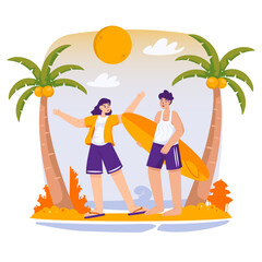 Young Couple Enjoying Bali Beach Vacation Vector Illustration