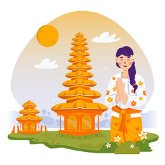 Balinese Girl Welcoming with Pura Ulun Bali Background Vector Illustration