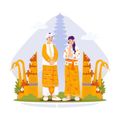 Balinese Couple Wearing Traditional Attire Vector Illustration