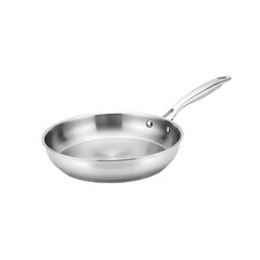 Classic professional stainless steel skillet isolated on a transparent background.
