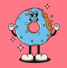 Groovy donut character on a pink background. Flat vector illustration.