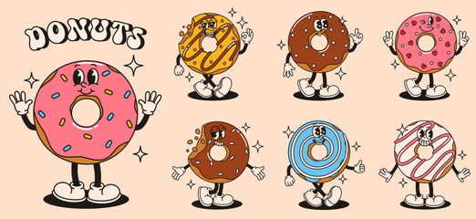 Set of groovy donut characters. Flat vector illustration.