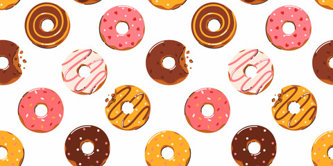 Seamless pattern of tasty donuts. Flat vector illustration.