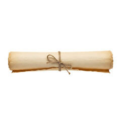 Ancient rolled parchment scroll tied with a simple string bow.