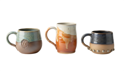 Three Handmade Ceramic Mugs with Unique Glazes and Textures.