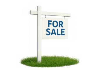 For sale real estate sign on grass presenting property advertisement and housing market concept
