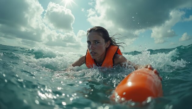 Woman with orange life vest swims in ocean waves, holding onto floating buoy. Daylight scene with cloudy sky, ocean horizon, and water splashes. Focus on movement, safety, and recreational activity.