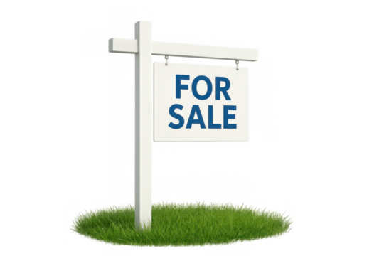 For sale real estate sign on grass presenting property advertisement and housing market concept