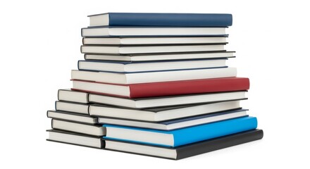 Stack of mixed hardcover books in various colors on white background