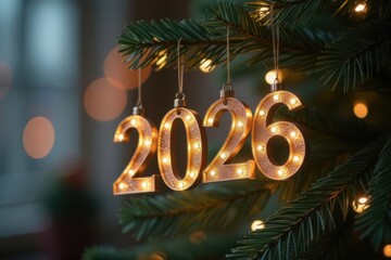 Golden year 2026 numbers with glowing lights decorating a green Christmas tree branch, creating a festive holiday atmosphere