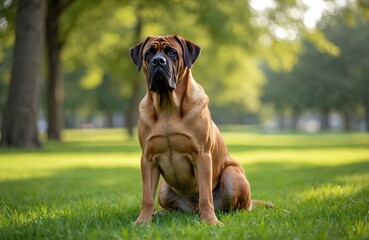 Serious Spanish Mastiff sits on green grass in summer park. Purebred guardian dog, brown fur, muscular body. Mammal with watchful eyes, looking away calmly. Outdoor nature scene.