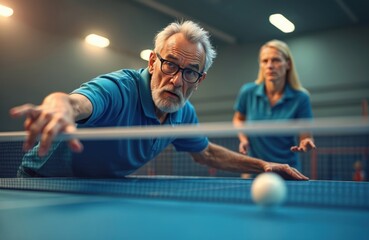 Focused senior man plays table tennis match, aiming low. Mature player with beard, glasses, blue shirt. Opponent woman in background. Indoor sport competition, active seniors, leisure, recreation,